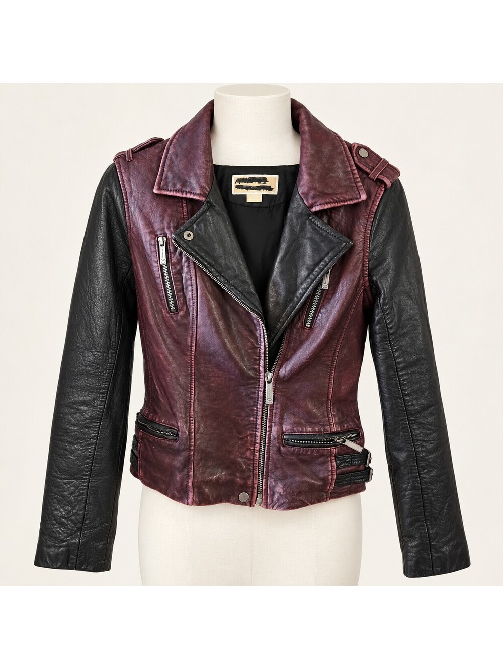 Michael Kors Deep Wine & Black Lambskin Leather Moto Jacket XS